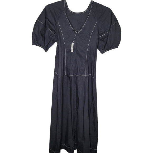 NWT Madewell Puff Sleeve Drop Waist Lightweight Cotton Midi Dress Black size 2 - Picture 3 of 10